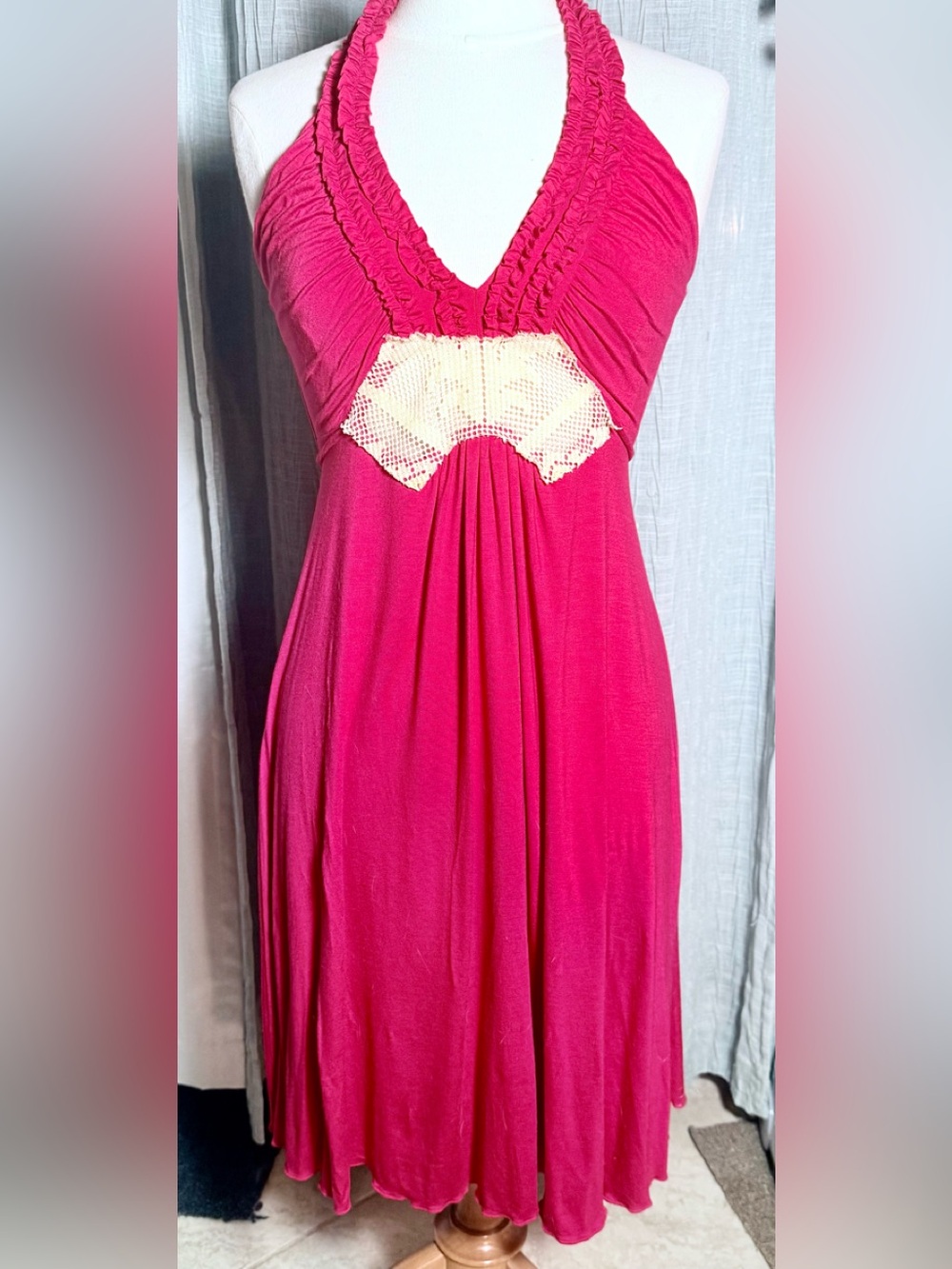 Feminine Contemporary Women’s Hot Pink Halter Maxi Dress with Cream Lace Detail